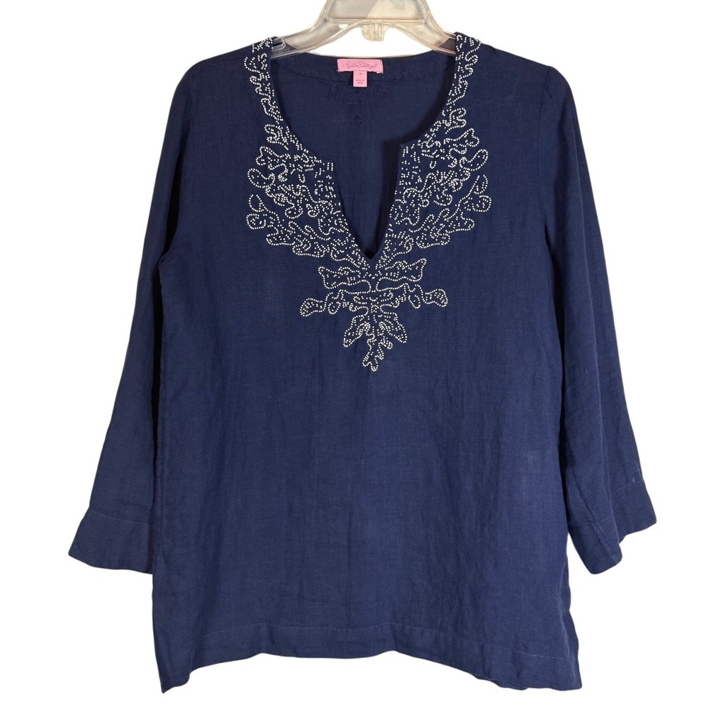 Lilly Pulitzer Amelia Island 100% Linen Tunic, True Navy, Beaded, Size Small